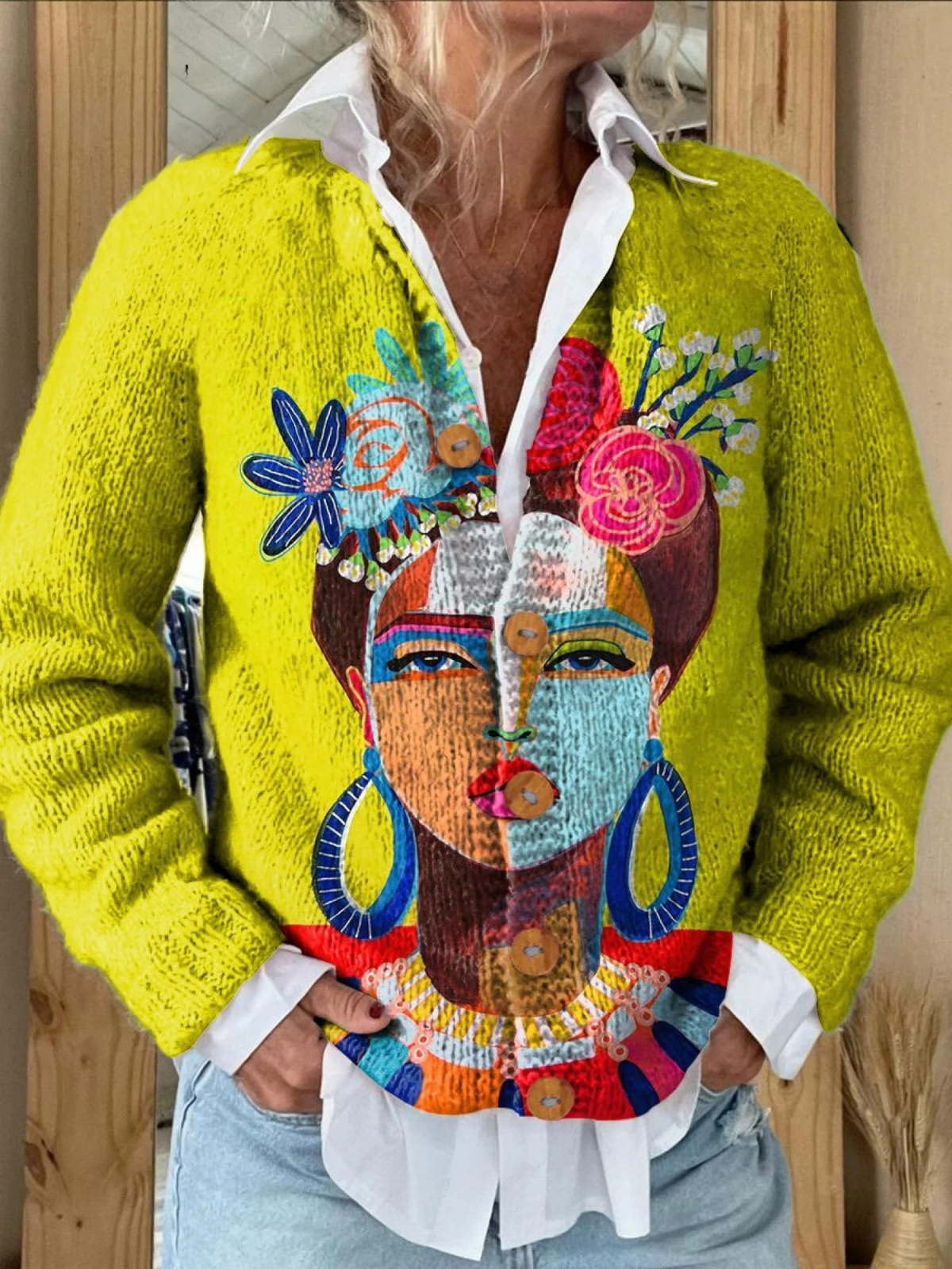 Ariana - Oil Painting Freda Portrait Art Printed Buttoned Cardigan Sweater