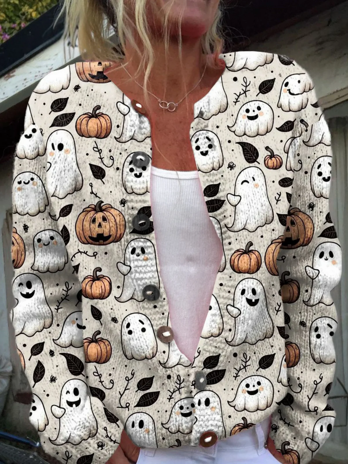 Imani - Funny Ghost Halloween  Art Print  Buttoned Cardigan Sweater