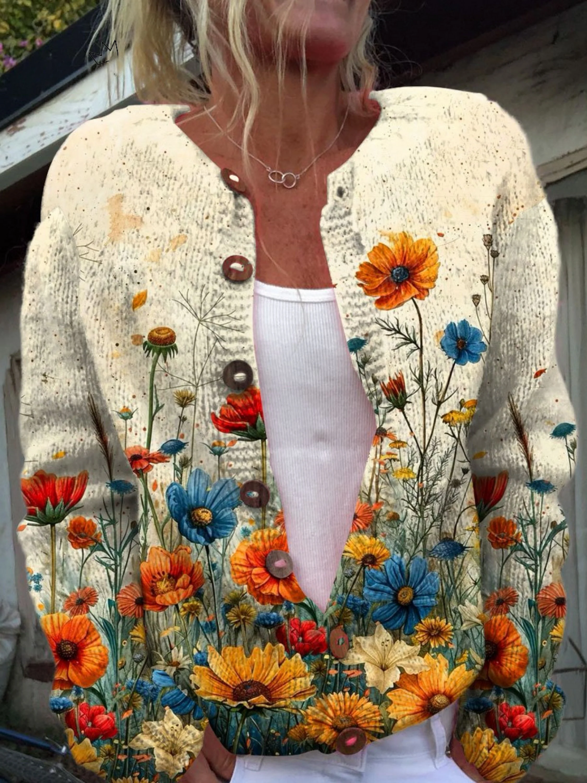 Mae - Vintage Flower Art Print Buttoned Cardigan Sweater
