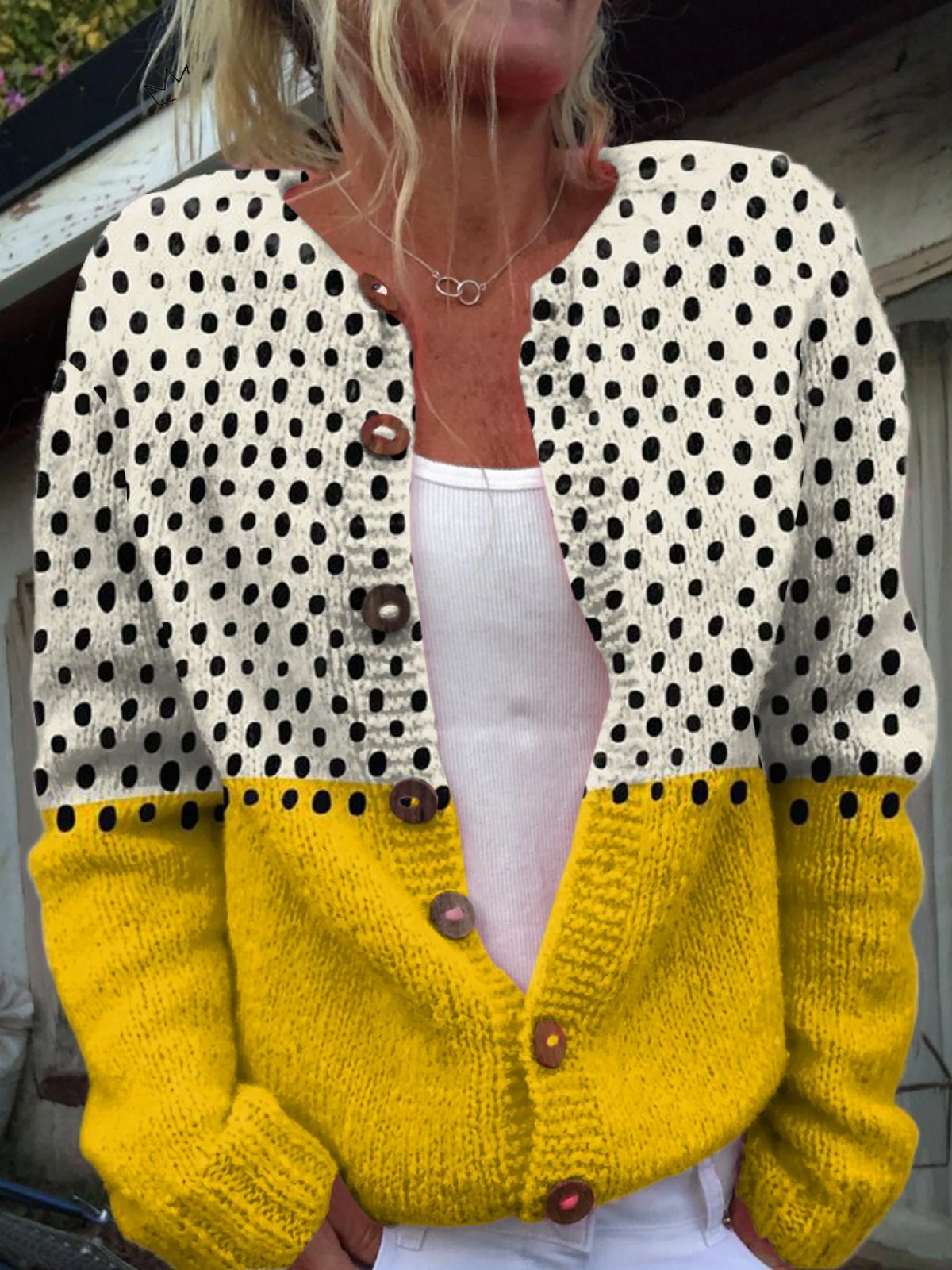Frances - Yellow Geometric Polka Dots Print Buttoned Cardigan Sweater