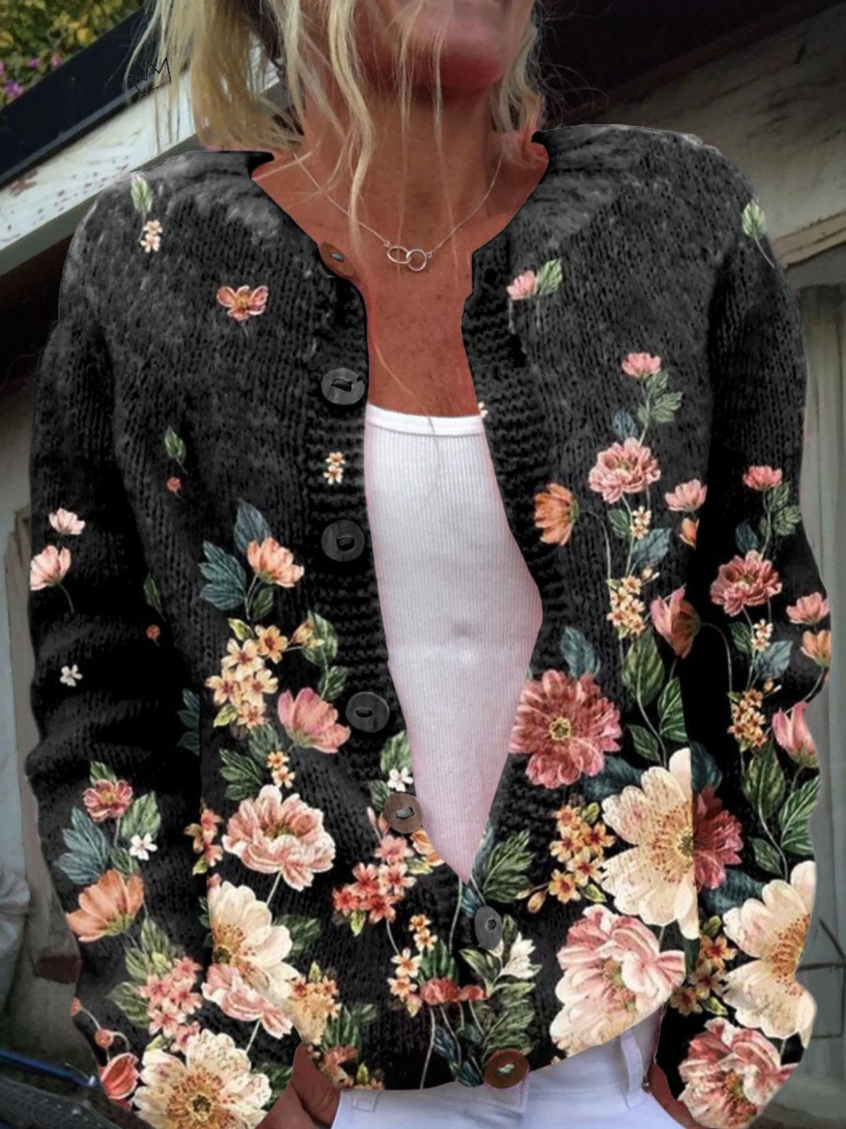 Celeste - Floral Print Buttoned Casual Cardigan  Sweater