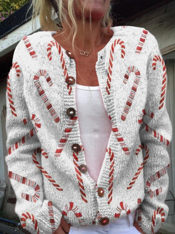 Jolie - Festive Candy Cane Decorative Pattern Buttoned Cardigan Sweater