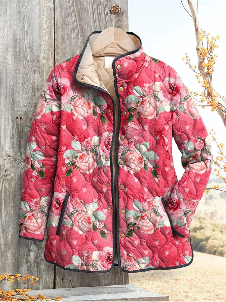 Grace - Charming Pink Floral Print Quilted Jacket for Women