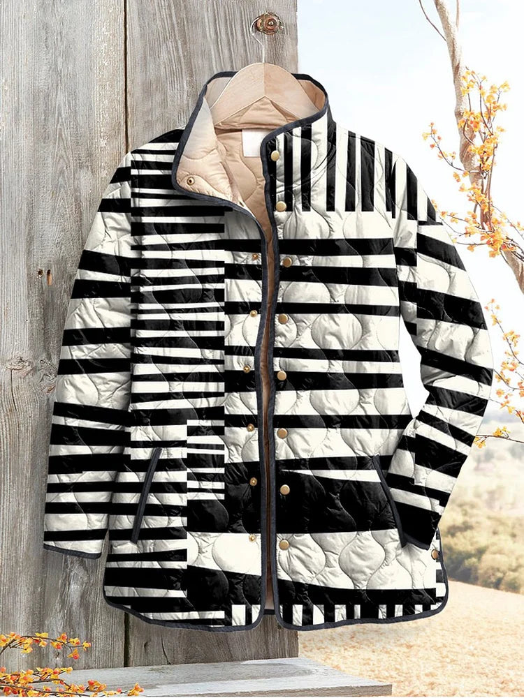 Amelia - Women's Abstract Quilted Jacket in Black and White